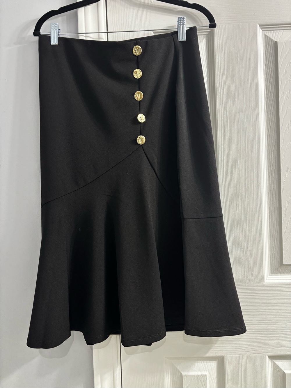 Black Midi Flared Skirt with Gold Buttons